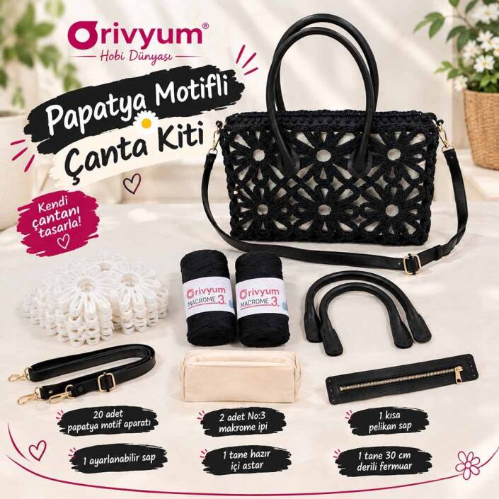 Papatya Motif Çanta Kiti ( Motif + İp + Astar + 2 Sap + Fermuar ) - 1