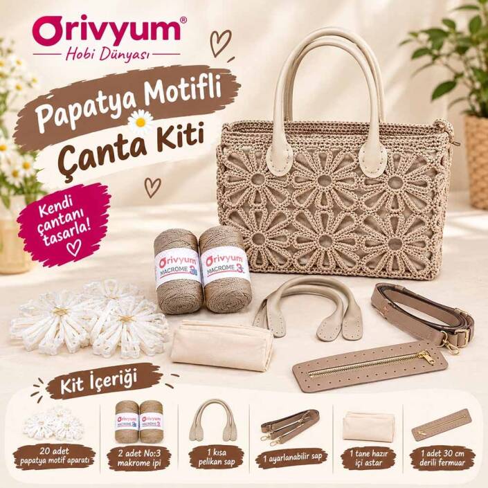 Papatya Motif Çanta Kiti ( Motif + İp + Astar + 2 Sap + Fermuar ) - 2